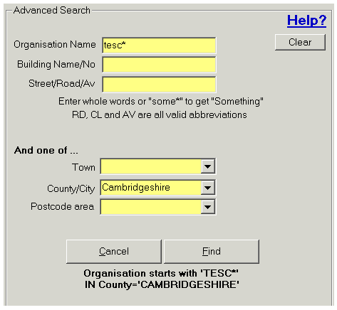 Postcode search results