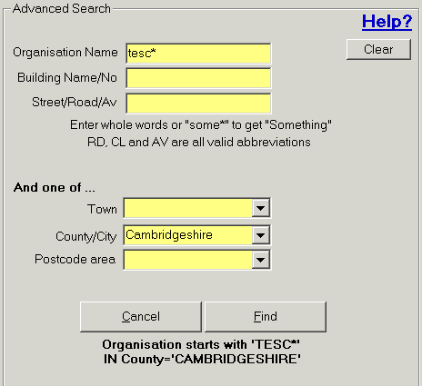 Seaching for Tescos using the Advanced Address Finder Software